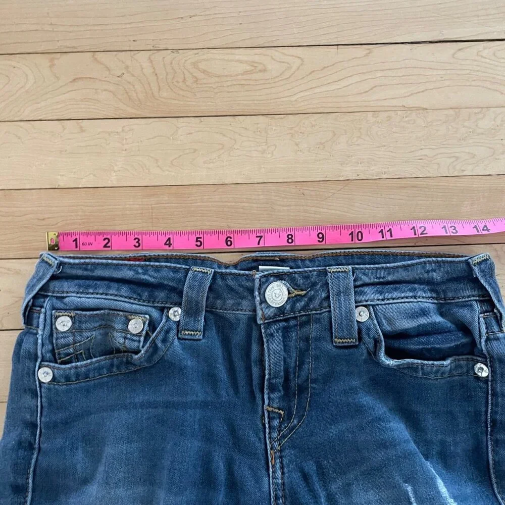 Y2K True Religion Low Rise Skinny Jeans Blue Distressed Size 28 Indie Sleaze